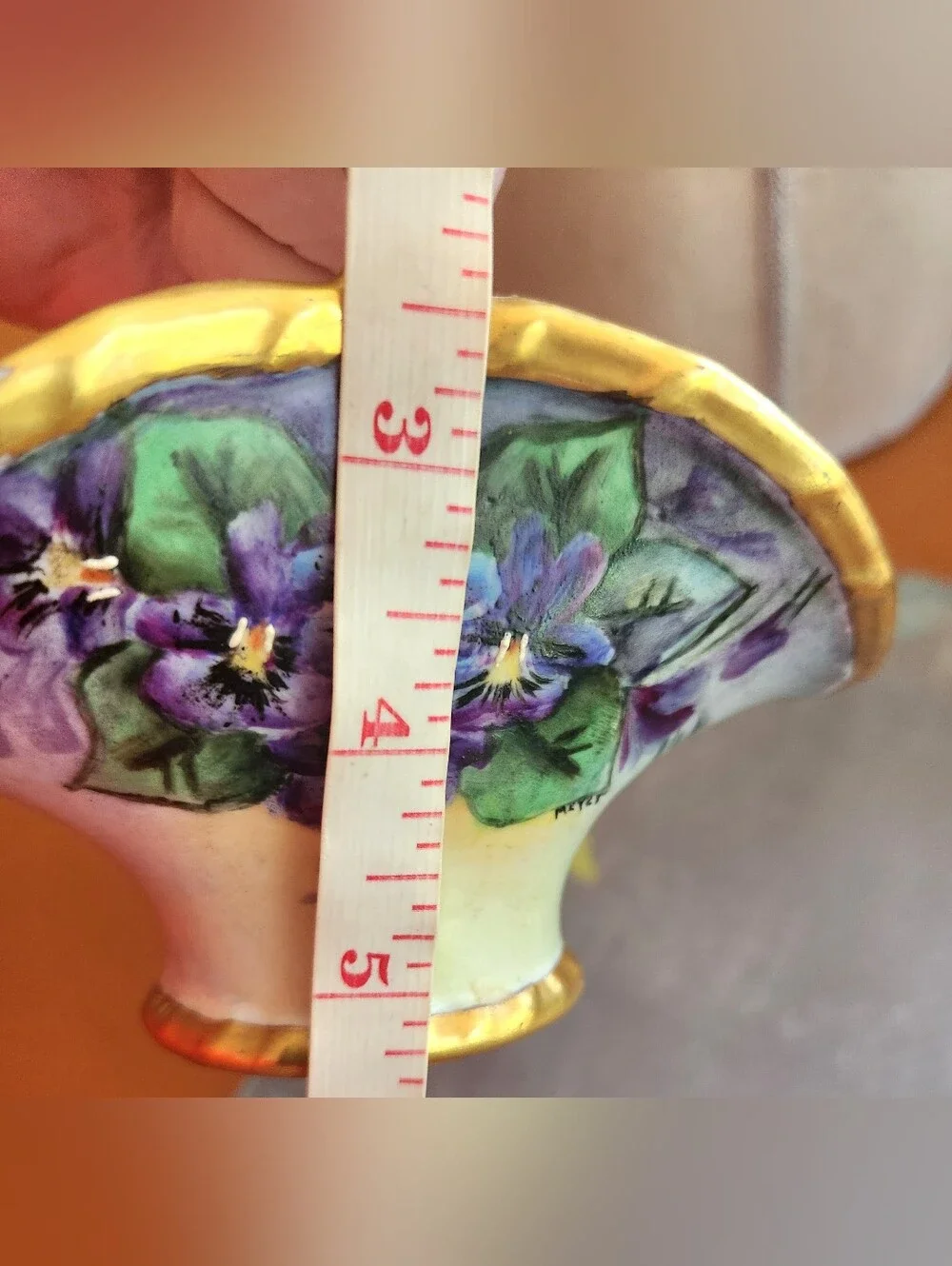 Vtg LIMOGES Purple Hand-Painted Violets Floral Porcelain Basket Gold Accents B&C